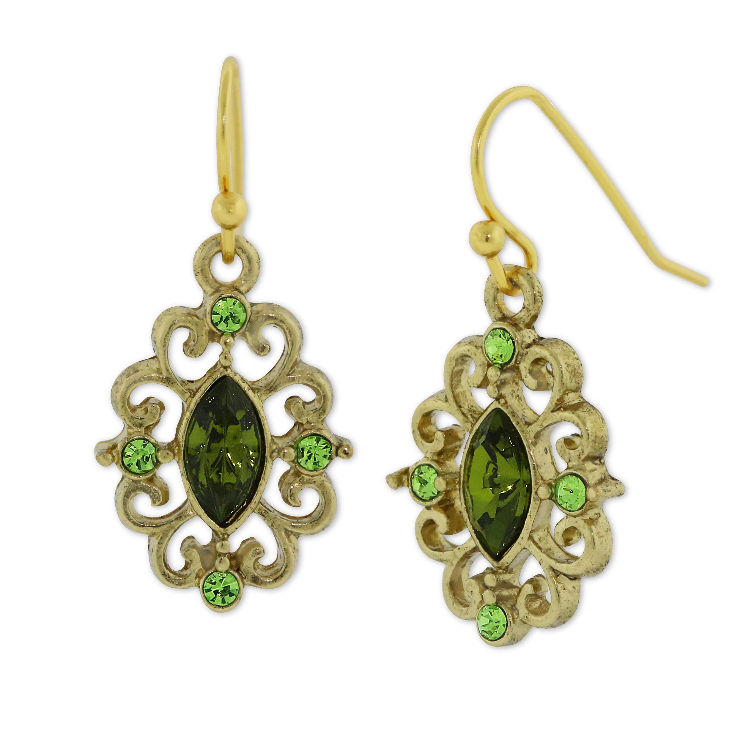 Pendientes colgantes de filigrana de cristal de Navette verde olivino, pendientes de joyería de 1928 para mujer, piedras multifacéticas, respaldo de alambre francés, colección de joyería vintage