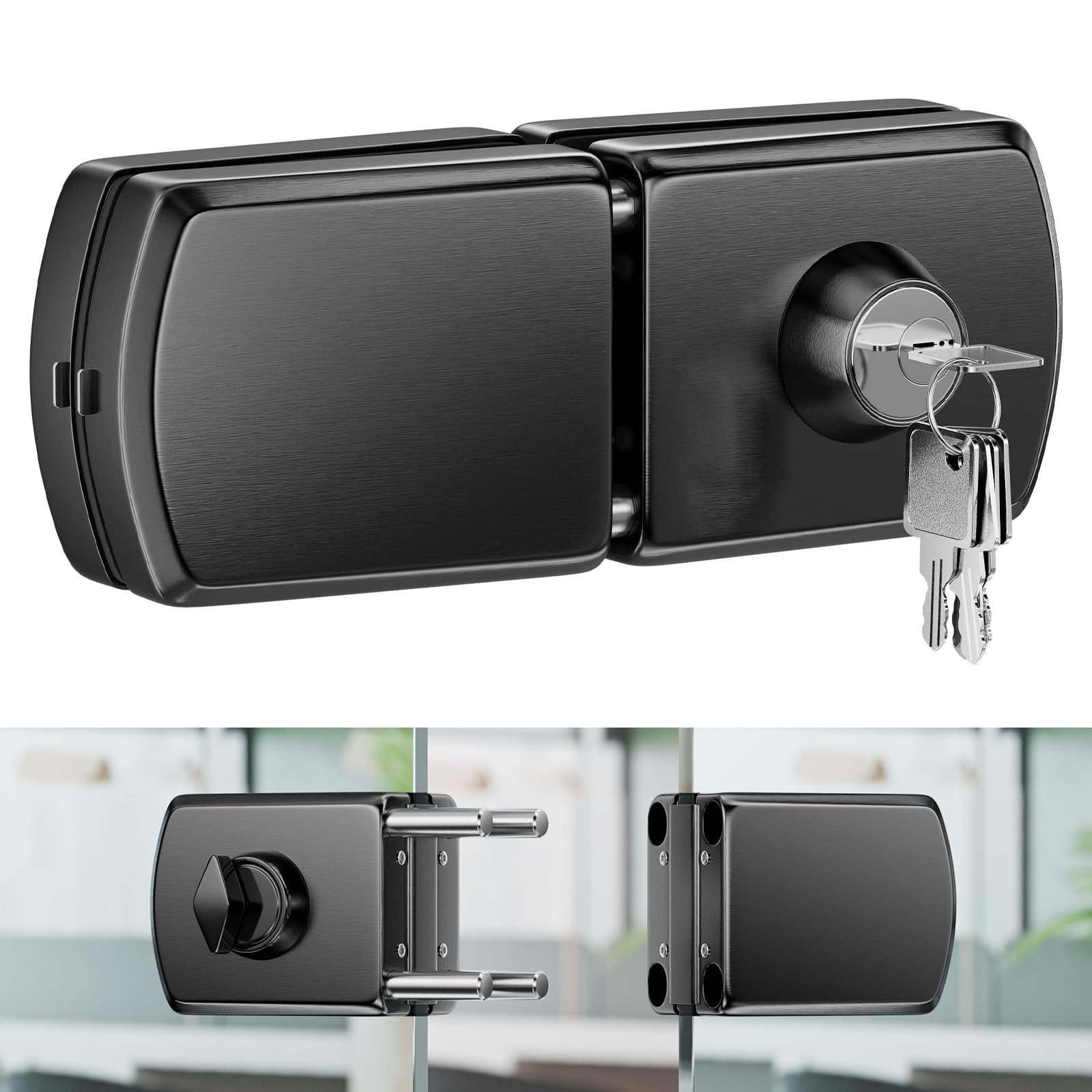 Ranbo No-Drill Frameless Glass Door Lock, Double-Sided, 304 Stainless Steel, for 10-12 mm Glass Doors, with 5 Keys, for Offices, Conference Rooms and Commercial Glass Entrances, Brushed Black