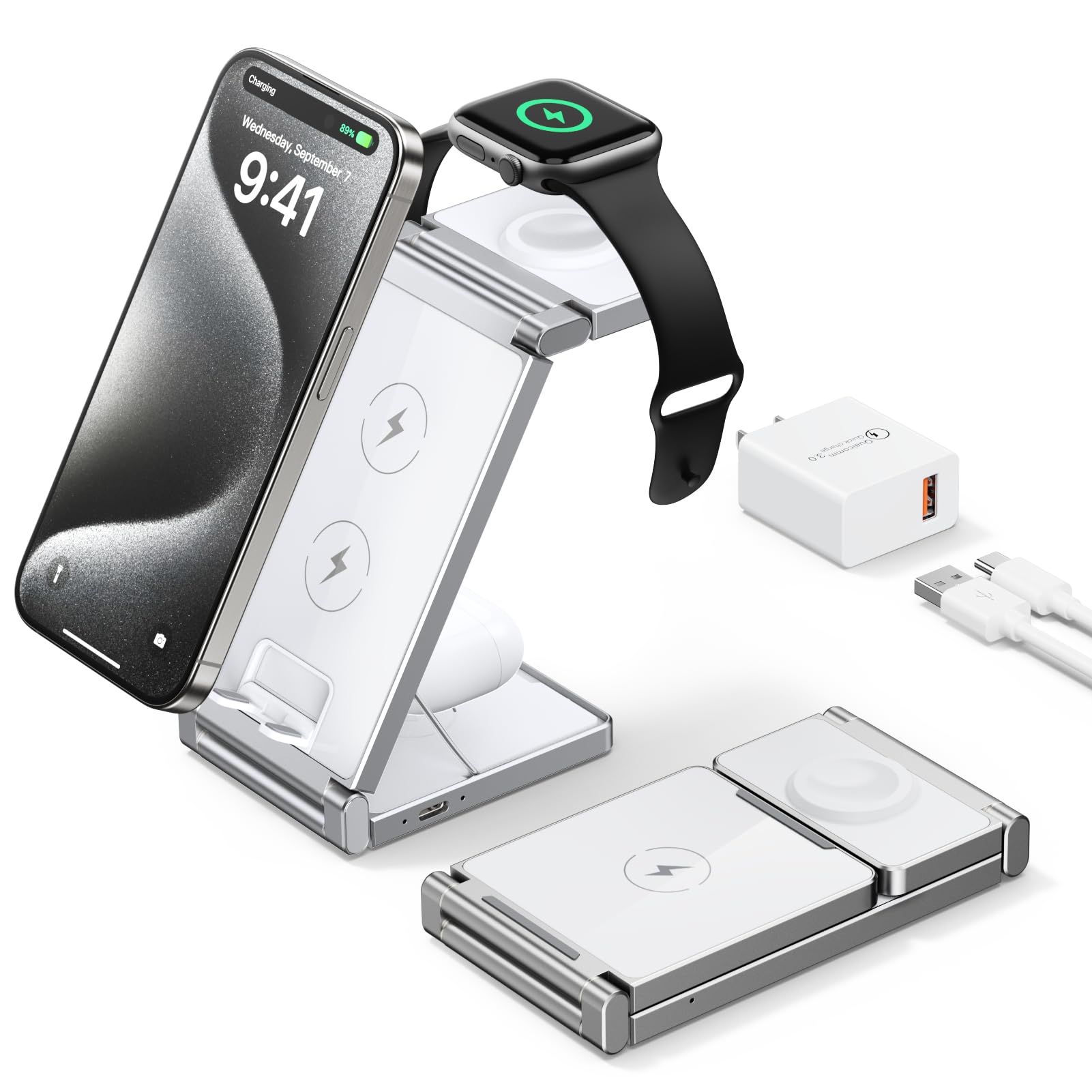 Wireless Charging Station,Hohosb 3 in 1 Foldable Zinc Alloy Wireless Charger Stand for iPhone 15/14/13/12/11 Pro Max/X/Xs Max/8/8 Plus,for Apple Watch S2-8/Ultra,for AirPods-White