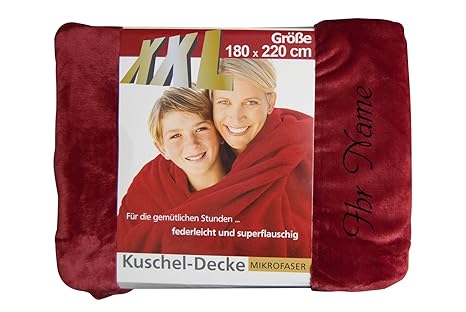 KringsFashion + gözze XXL-Decke mit Namen/Wunschtext Bestickt, 180 x 220 cm, Farbe rot, Stickfarbe schwarz, Decke, Wohndecke,