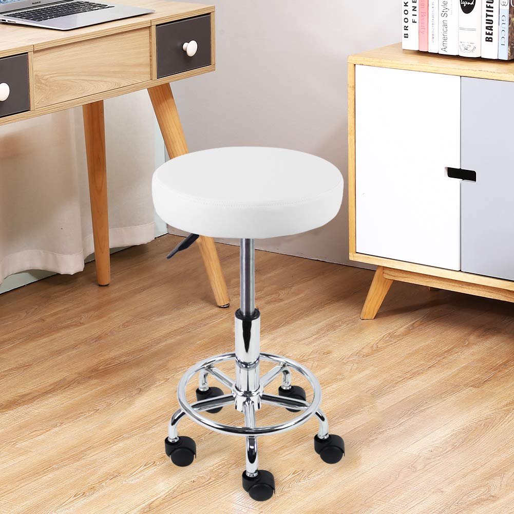 KKTONER PU Leather Round Rolling Stool with Foot Rest Swivel Height Adjustment Medical Spa Drafting Salon Tattoo Work Office Massage Stools Task Chair White Small (White): Furniture & Decor