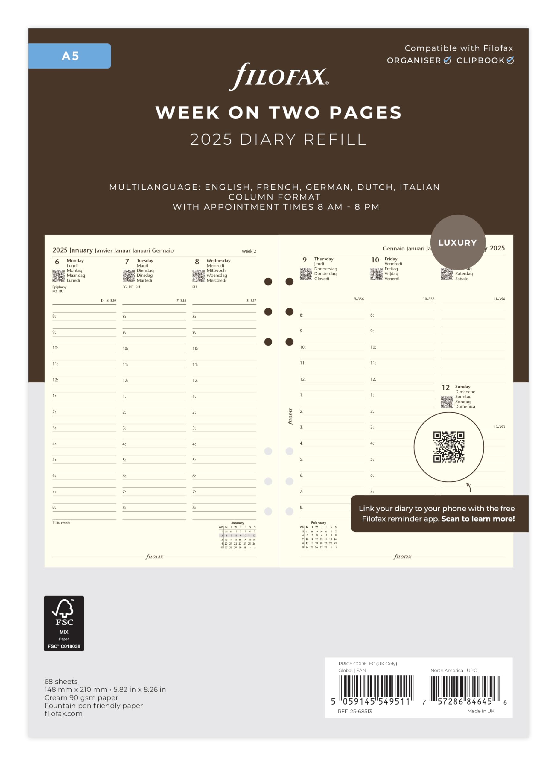 A5 Week on two Cotton Cream 5 Language column format 2025 — image 1