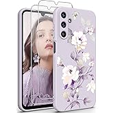 Yucenx for Samsung Galaxy A16 5G Case, Girls Women Florals Liquid Silicone Phone Case, Shockproof Anti-Scratch Soft Protection Case with 2X Screen Protectors for Galaxy A16 5G (Purple)