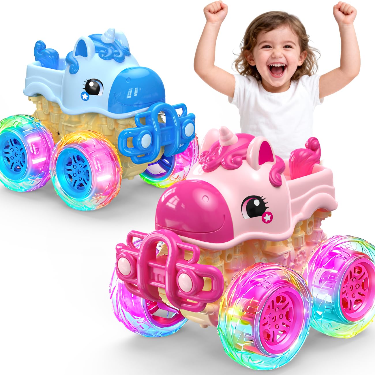 Light Up Toy Cars for 2 3 Year Old Girl Gifts, Pink Unicorn Monster Truck for Girls Toys Age 2 3 4, Pull Back Truck with Flashing Wheels for Kids Age 2-4 Year Old Girl Birthday Present Gifts, 2 Pack