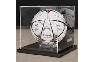 Xiomot Soccer Ball Display Case Clear Acrylic Display Case Box with Mirror Back and Black Metal Grooved Base Stackable Holder with Removable Built-in Soccer Ball Stand for Sports Collectibles