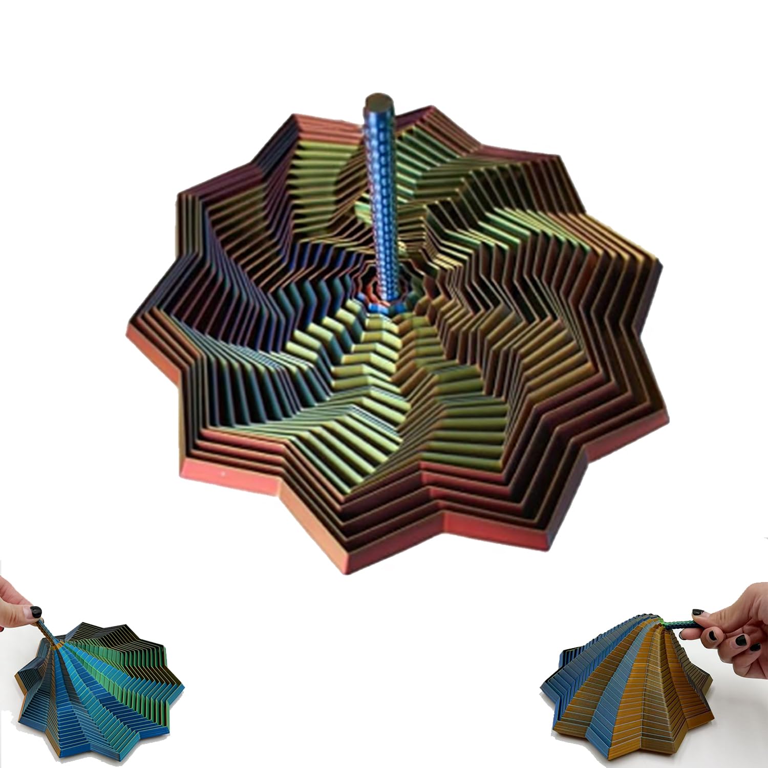 Photo 1 of 3D Printed Expanded Sensory Fidget Star, Sensory Fidget Star with Handle, Colorful Whirling Spiral Design, Fractal Fidget Hexagon for Office desks as a Stress-Relief Gifts (Green)