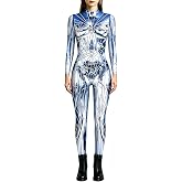 KamdFoen Skeleton Costumes for Women Halloween 3D Print Skeleton Bodysuits Long Sleeve Skinny Stretch Catsuit