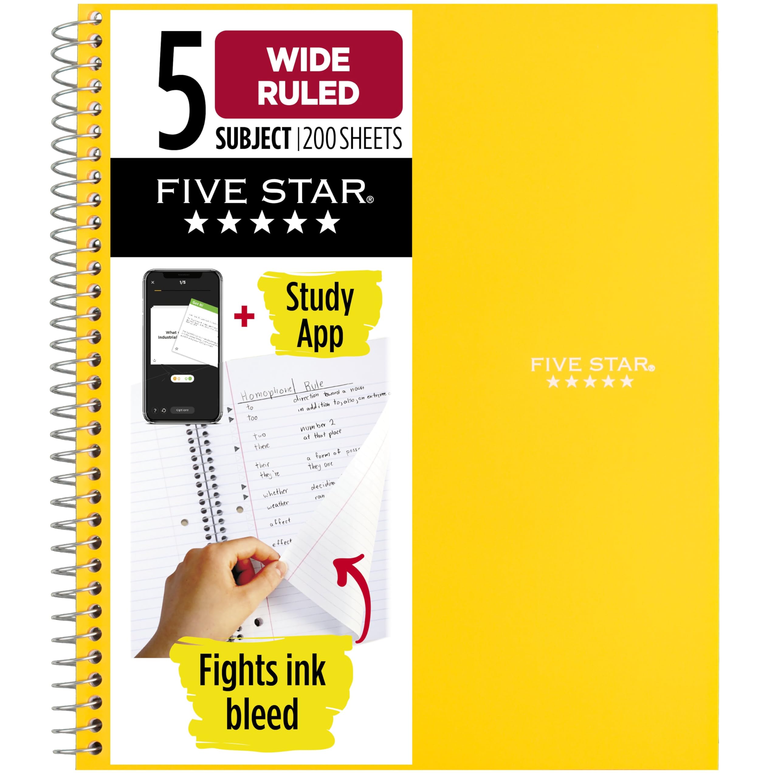 Five Star Spiral Notebook, 5 Subject Wide Ruled Paper, Fights Ink Gradient, Water Resistant Cover, 8" x 10.5", 200 Sheets, Harvest Yellow (73469)