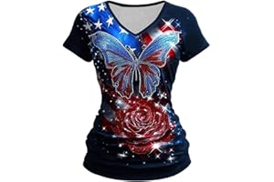Women's Short Sleeve V-Neck USA Star Stripes Print Shirt America Flag 250th Birthday Baggy T-Shirt July 4th Blouse