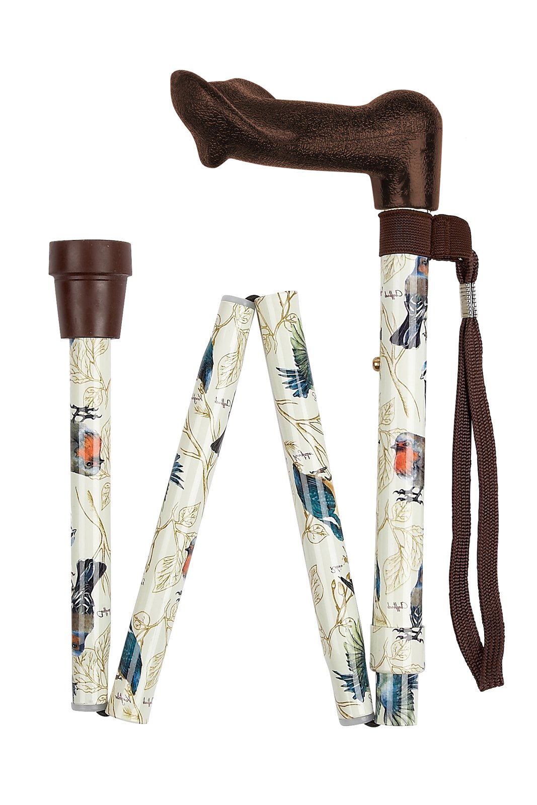 Anatomical Left Handed Folding Walking Stick - British Birds Design - Height Adjustable - Wrist Strap Included