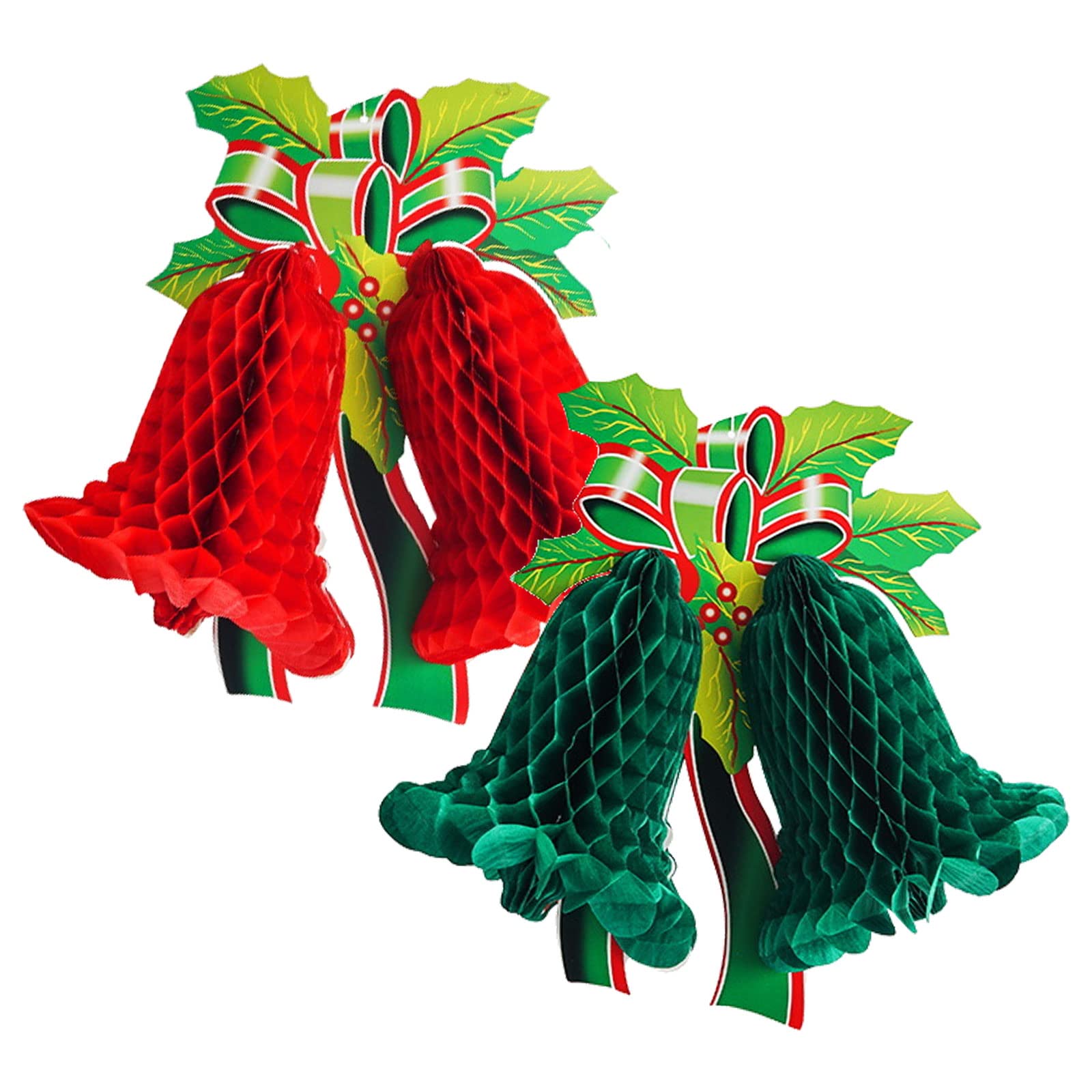 Honeycomb Christmas Decorations, Bell Hanging Paper Bells for Ceiling Wall Hanging Party Supplies Home Decor Photo Backdrop (1pcs Red & 1pcs Green)