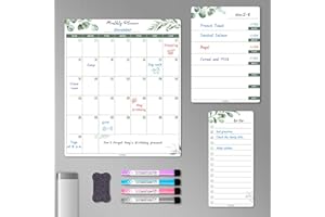 ALEZEL Dry Erase Fridge Calendar Magnetic, Greenery White Board Calendar Dry Erase for Refrigerator - Set of Vertical Monthly & Weekly Calendar for Fridge with 1 List Board, 4 Markers + Eraser