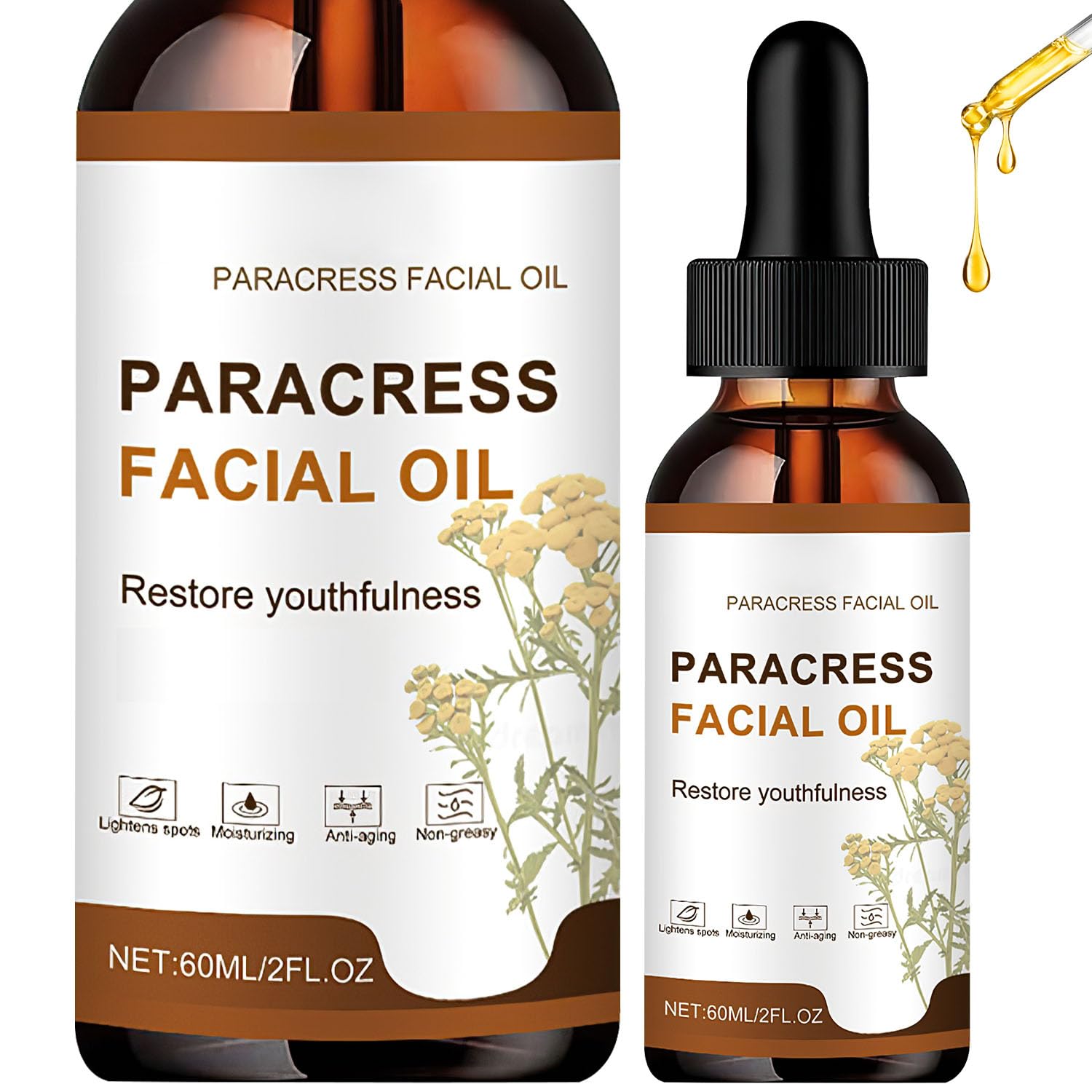 Photo 1 of 2PCS Paracress Facial Oil, 100% Organic Anti-Aging Face Oil for Wrinkle Reduction, Intense Hydration Skin - Targets Fine Lines, Dark Spots- for All Skin Types, Moisturizing Essential Oil