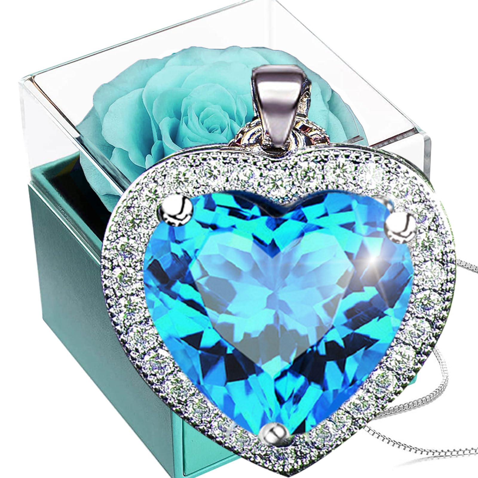 Preserved Real Rose with Aquamarine Crystal Necklace,Forever Cyan Rose with Women Heart Necklace,925 Sterling Silver Ocean Pendant in Eternal Rosebox,Infinity Gift for Her On Christmas valentine