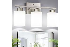 MEYBIOK Brushed Nickel Bathroom Light Fixtures with Milk Glass Shades, Eye-Friendly 3 Light Vanity Lights for Bathroom, Vanity Lights with E26 Socket (Bulbs Not Included), for Mirror, Bedroom, Hallway