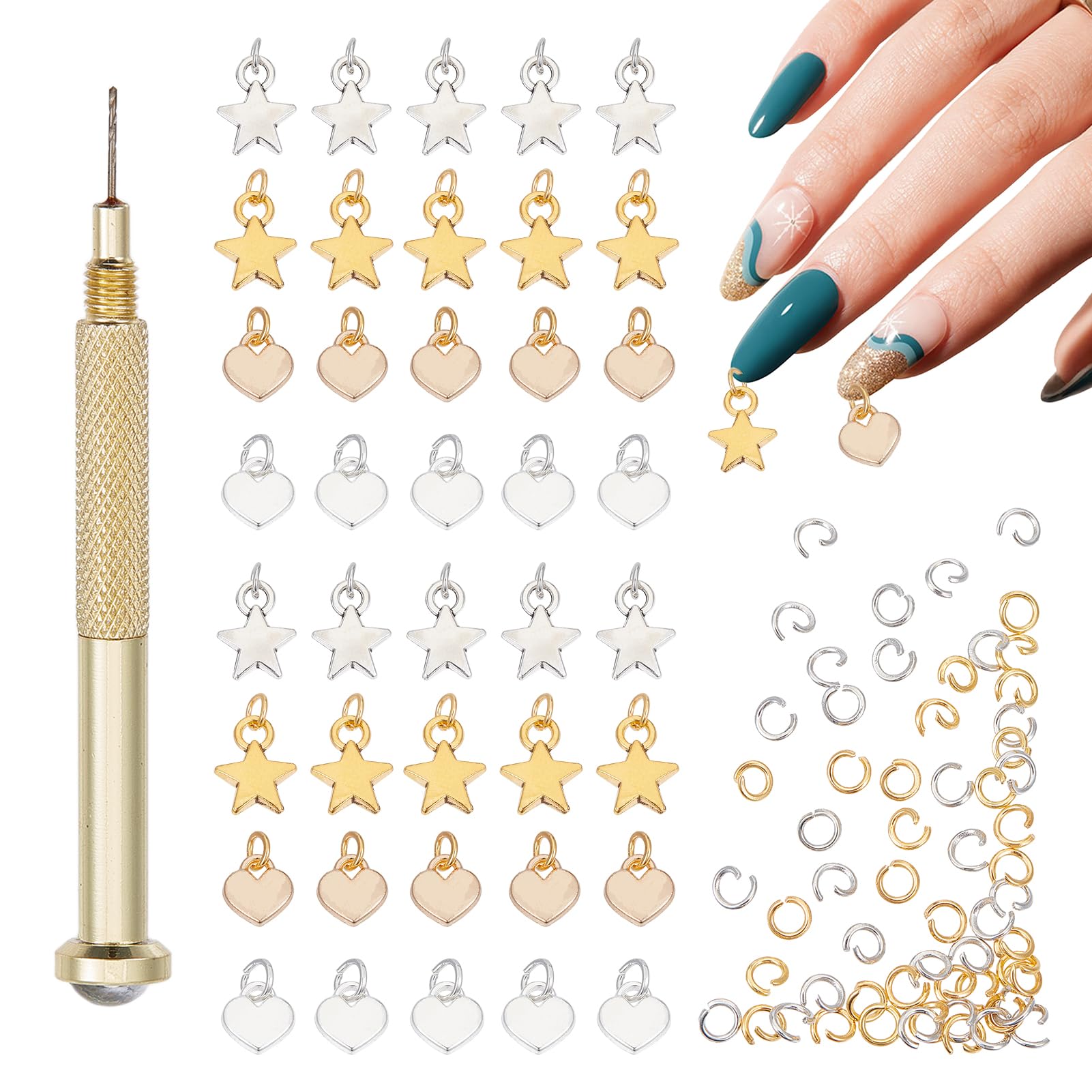 Photo 1 of NICENEEDED 101 PCS Dangle Nail Art Charms, Nail Jewelry Rings with Piercing Tool Hand Drill, Pierced Fingernail Jewel Dangle Nails Art Charms for Acrylic Tips DIY Art