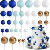 ASTARON 32 Pcs Ball Cake Toppers Foam Balls Blue Gold 4 Sizes 8 Each