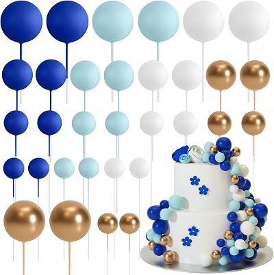 ASTARON 32 Pcs Ball Cake Toppers Foam Balls Blue Gold 4 Sizes 8 Each