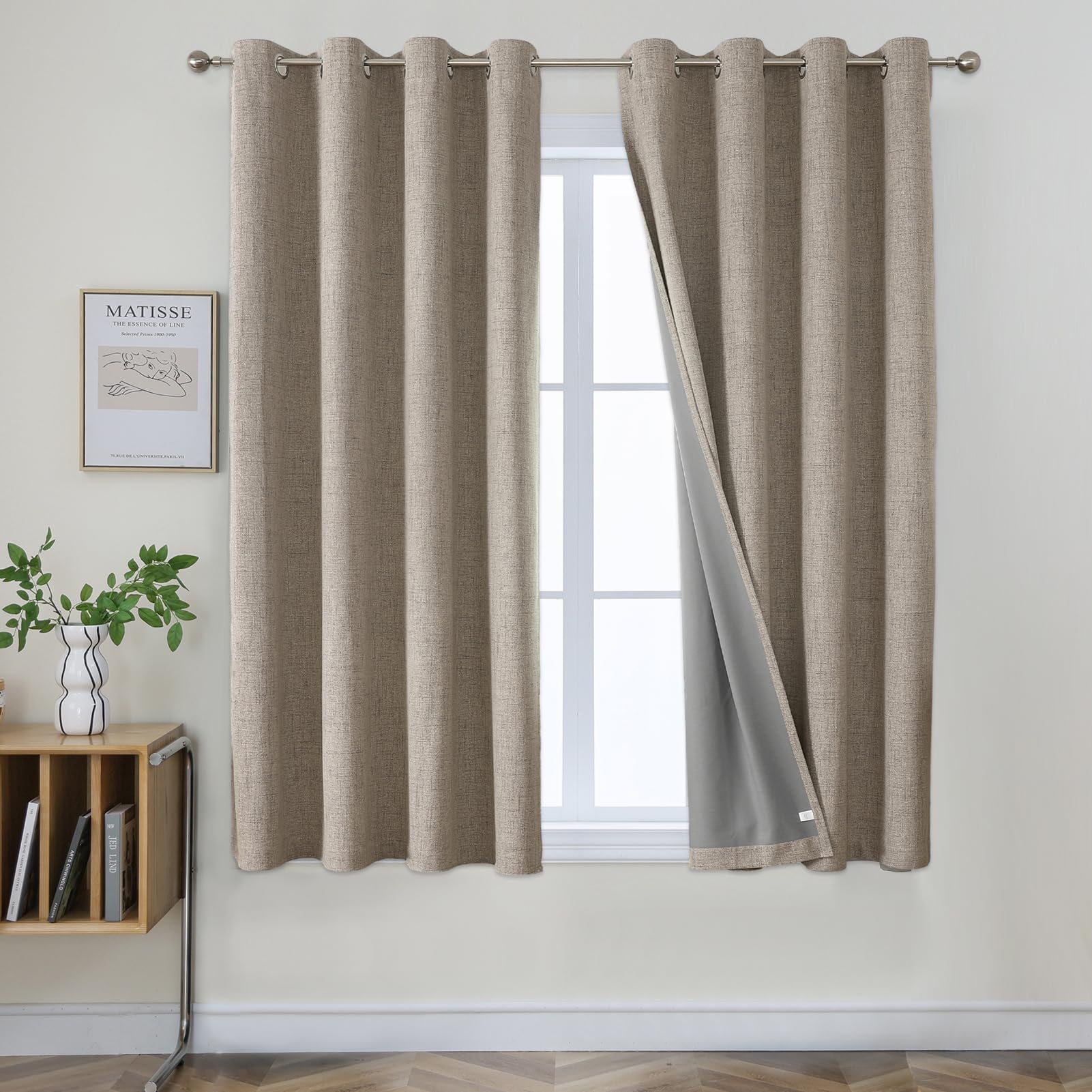 Joydeco 100% Blackout Lined Curtains W52 x L63 Inch Drop, Linen Look Textured Thermal Insulated Short Eyelet Curtains with Coating Back Layer for Living Room Bedroom, Linen Colour - 2 Panels