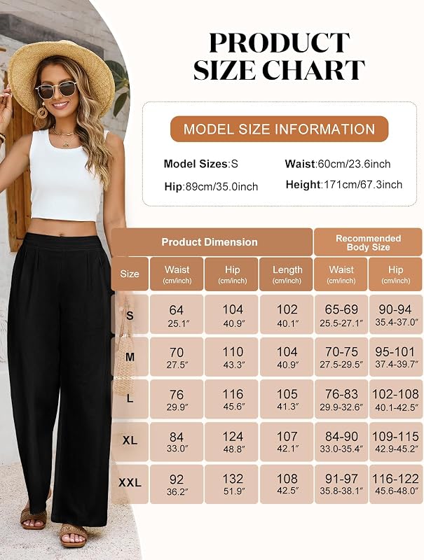 Pantalones Mujer Verano Algodon Pantalon Ancho Cintura Elastica Comodo Pantalón con Bolsillos, Negro, M