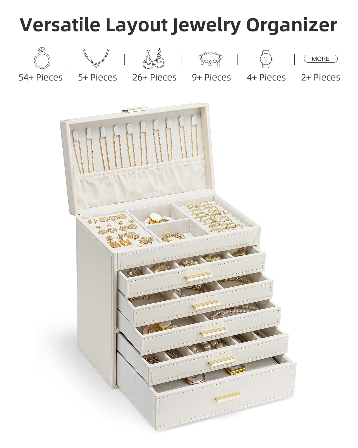 Vlando 6 Layer Large Jewelry Box - Jewelry Holder Organizer, Jewelry Box Organizer for Drawer Necklace Ring Bracelet and Watch, Birthday Gift for Loved Ones - Beige