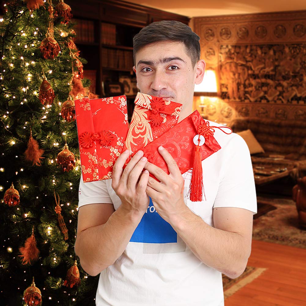 Silk Red Envelopes,3pcs Chinese Element HongBao Card Envelopes Gift Wrap Bags Red Lucky Money Pockets for New Year,Spring Festival,Birthday and Wedding