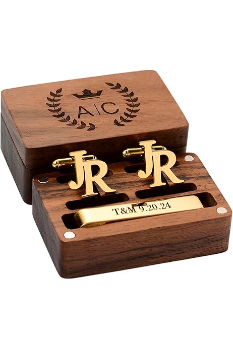 Initial Cufflinks For Men Personalized Cufflinks And Tie Clip Set With Photo/Letter/ Initials, Custom Cuff Links And Tie Bar For Men With Gift Box For Wedding, Groomsmen, Husband, Father Cuff Links Mens