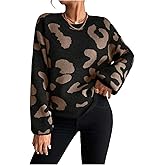 WDIRARA Women's Leopard Sweaters Crew Neck Long Sleeve Pullover Knit Tops