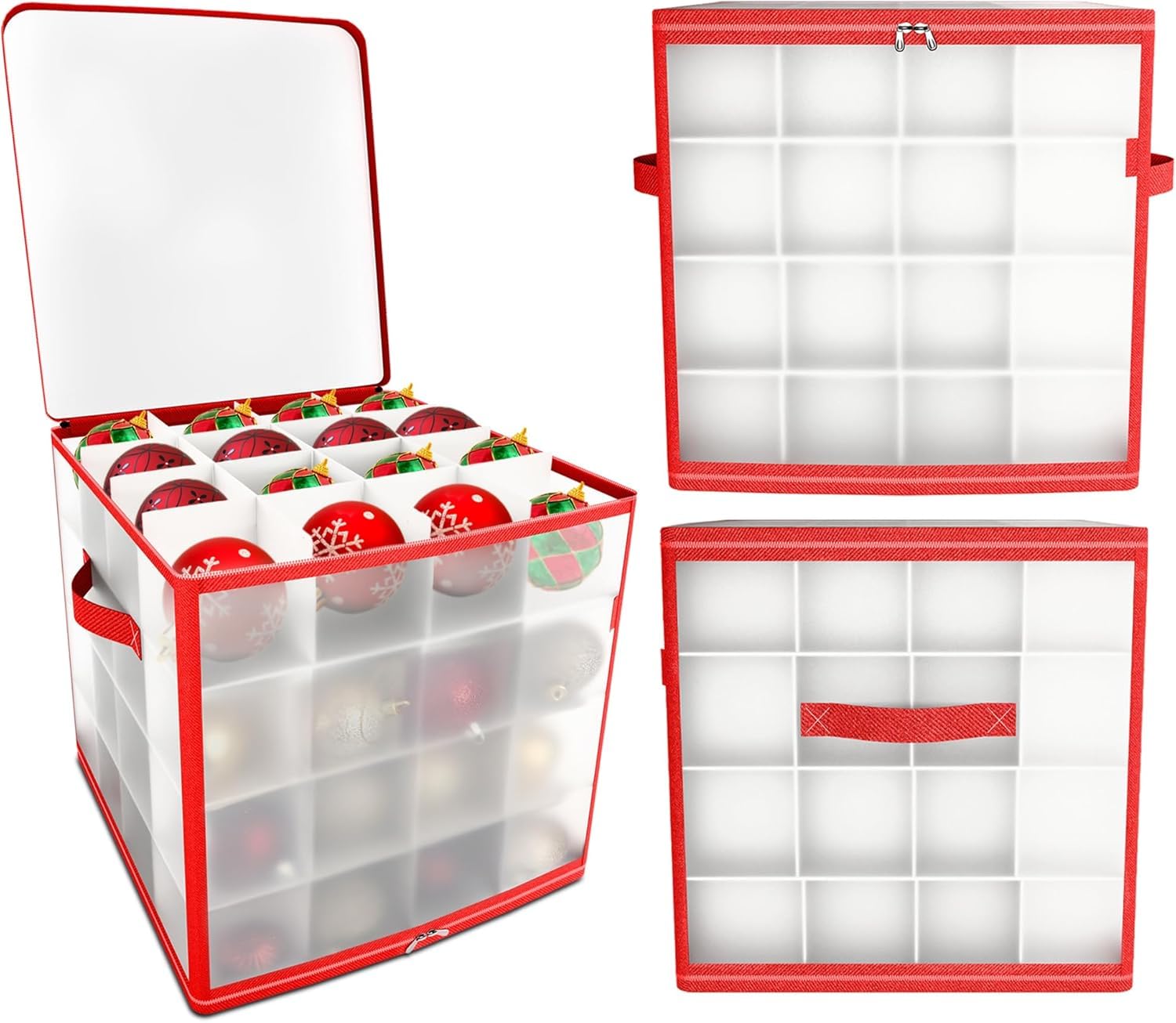 REDSTAR Christmas Bauble Storage Box with Dividers for 64 Xmas Baubles - Foldable Clear Christmas Decoration Storage Box with Compartments for Xmas Tree Decorations