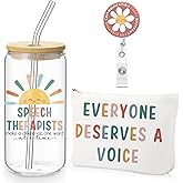 Dunzoom 3 Pcs Speech Therapist Appreciation Gifts Set Included 16 oz Glass Cups with Lid Makeup Bag Badge Reel Gift for Speech-language Pathologist Nursing Assistant