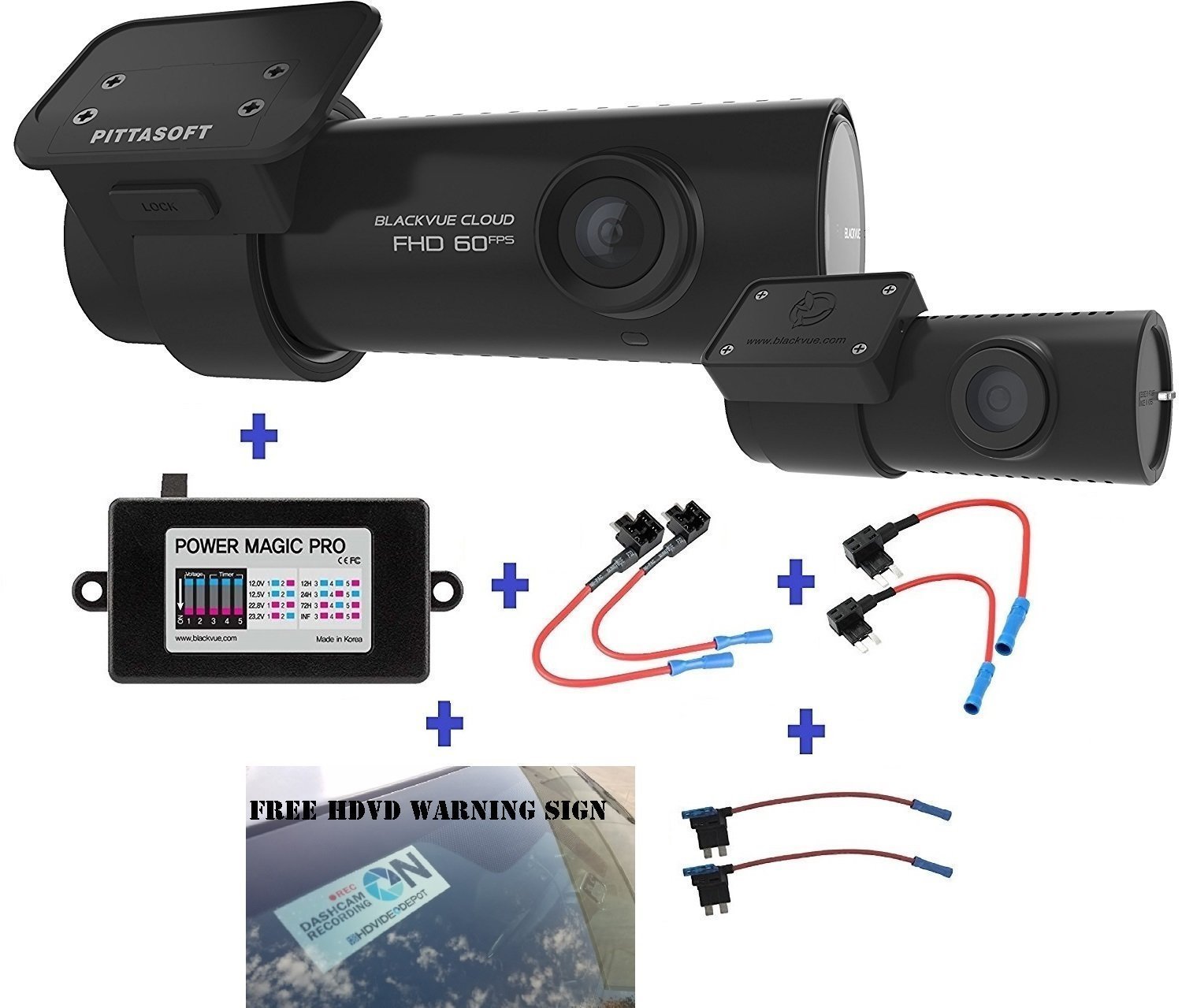 HDVD BlackVue DR750S-2CH 64GB, Car Black Box Recorder with Power Magic Pro, Built-in Wi-Fi, Cloud, 1080p Full HD, 60FPS, G Sensor, GPS, 64GB SD Card + Fuse tap Warning Sign Included