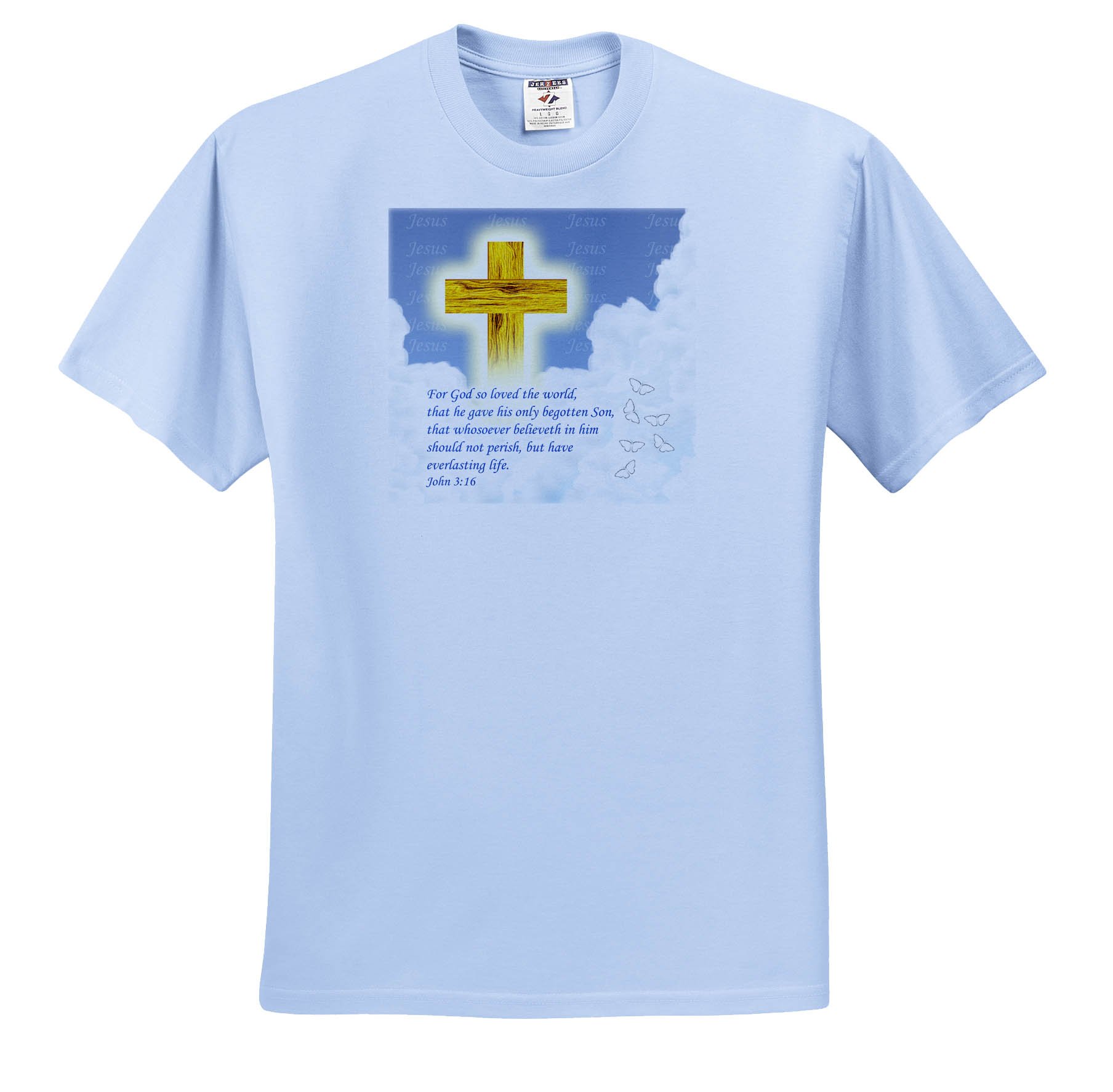 Dream Essence Designs-Bible Quotes - Bible Quote John 3 16 On Lovely Cloudy  Background With Cross Of Jesus. - T-Shirts - Youth Light-Blue-T-Shirt  Large(14-16) (TS_266093_62) on Galleon Philippines