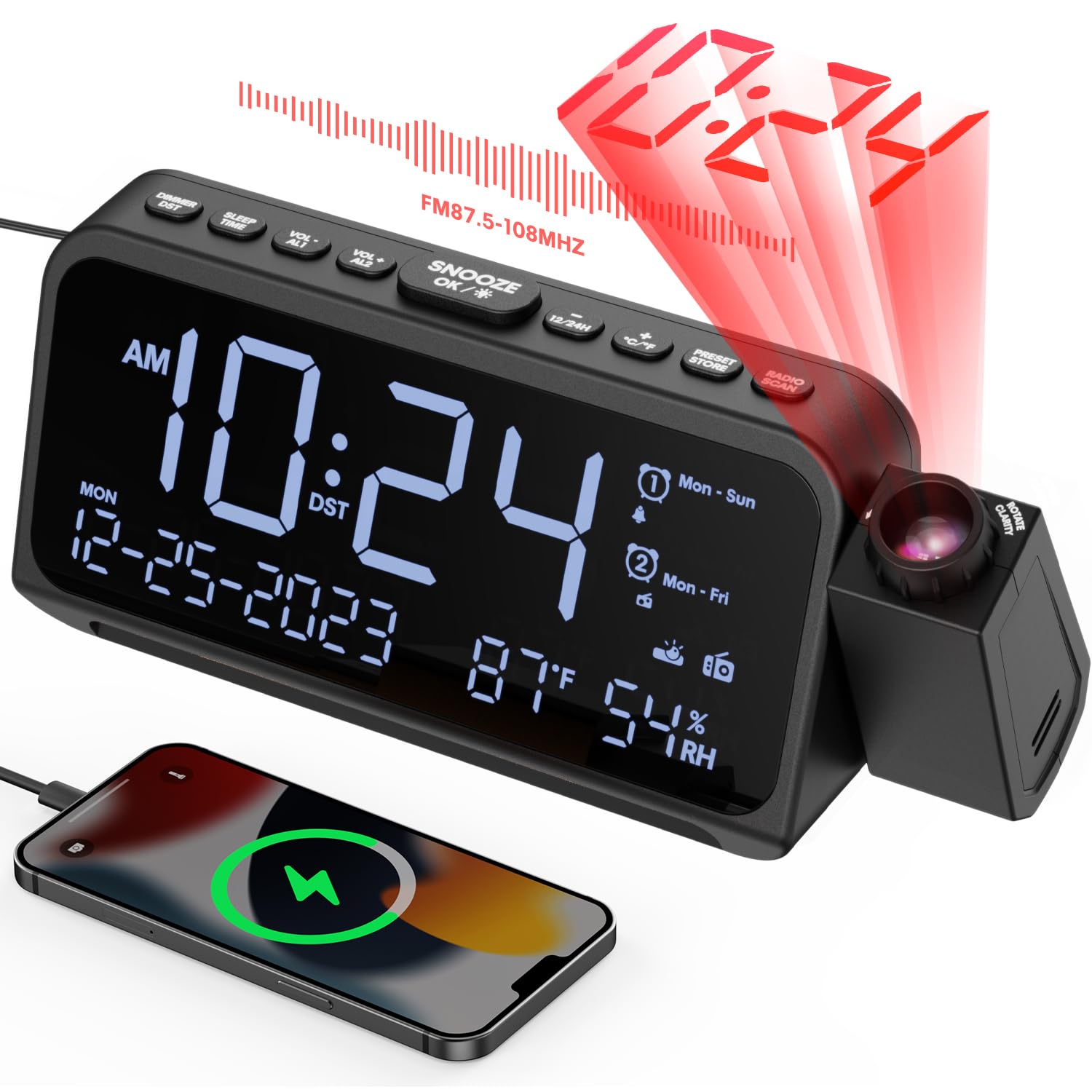 ROCAM Alarm Clock Radio with Projection, Digital Alarm Clock Bedside Projector Shines on Ceiling with Calendar/Date, Temperature/Humidity, Adjustable Brightness, USB & Type-C Port