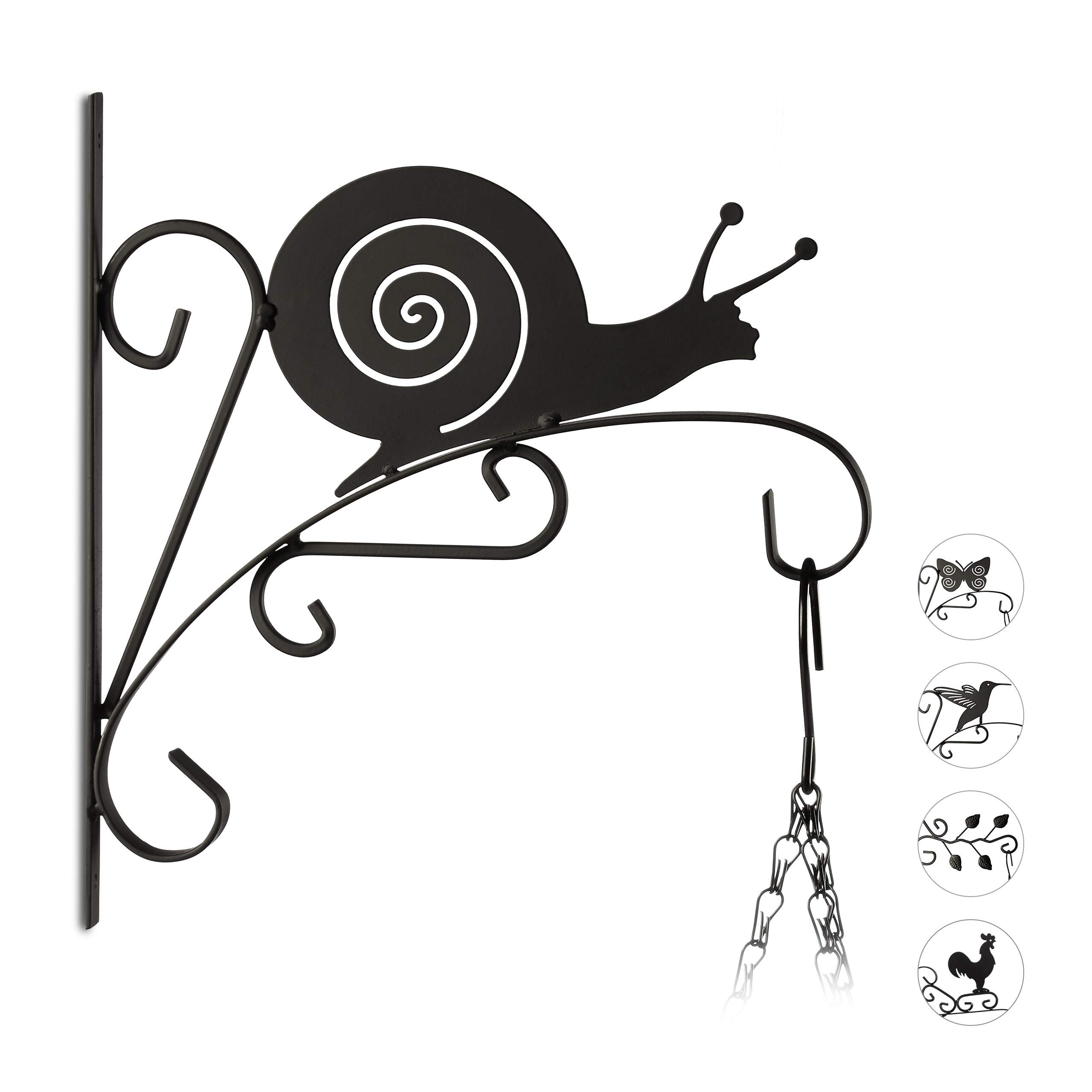 Relaxdays Plant Hook with Snail, Flower Pot Hanger for the Wall, Metal Garden Decor, HxWxD: 30 x 28 x 2 cm, Black