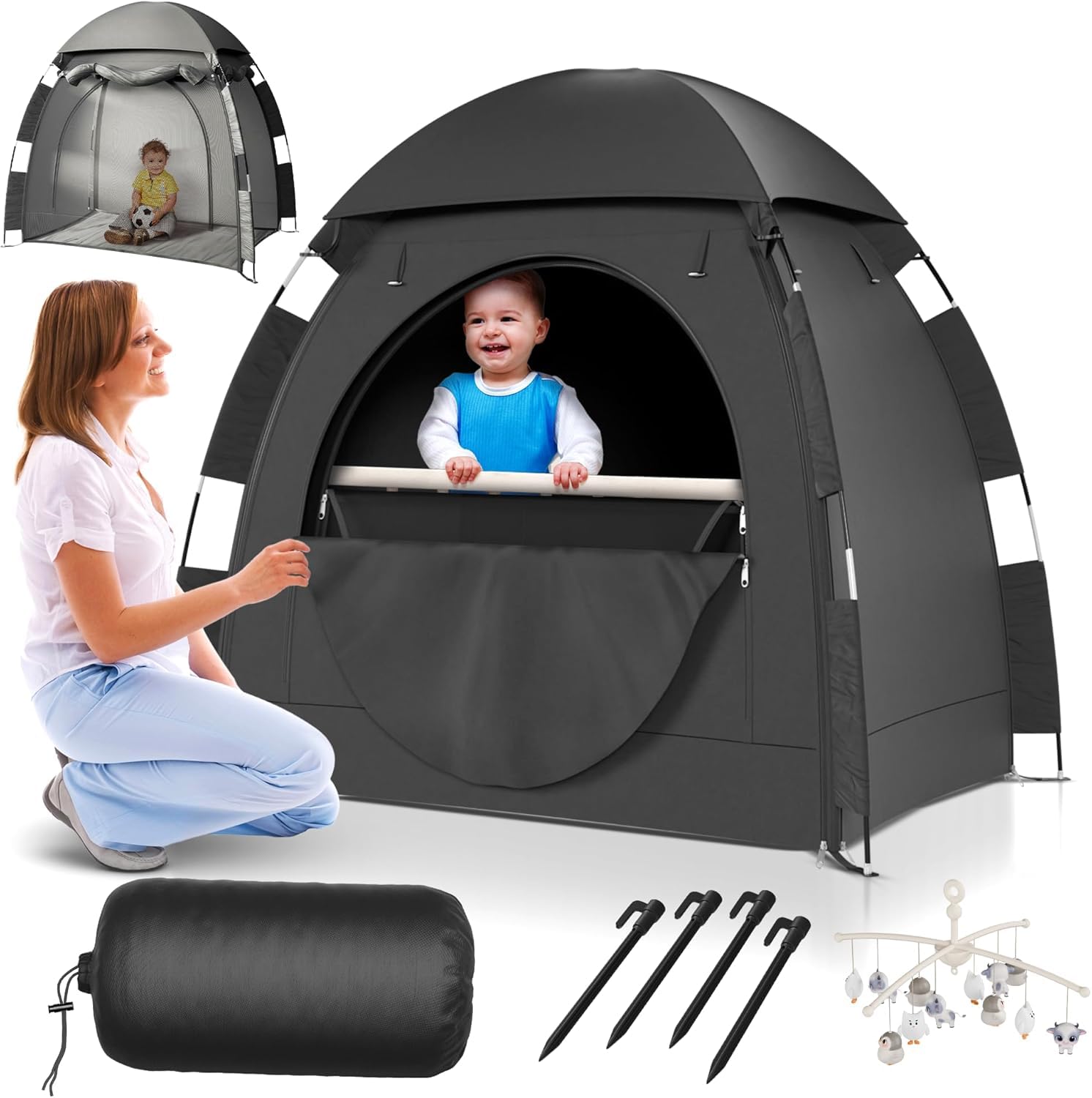 Photo 1 of YoungMinds Blackout Baby Crib Tent - Waterproof Sleep Pod Fits for Travel Pack and Play, Milk Silk Fabric, Kids Black Out Cover Mosquito Net Tent with Toy Holder, Pack N Play Canopy Blocks 100% Light
