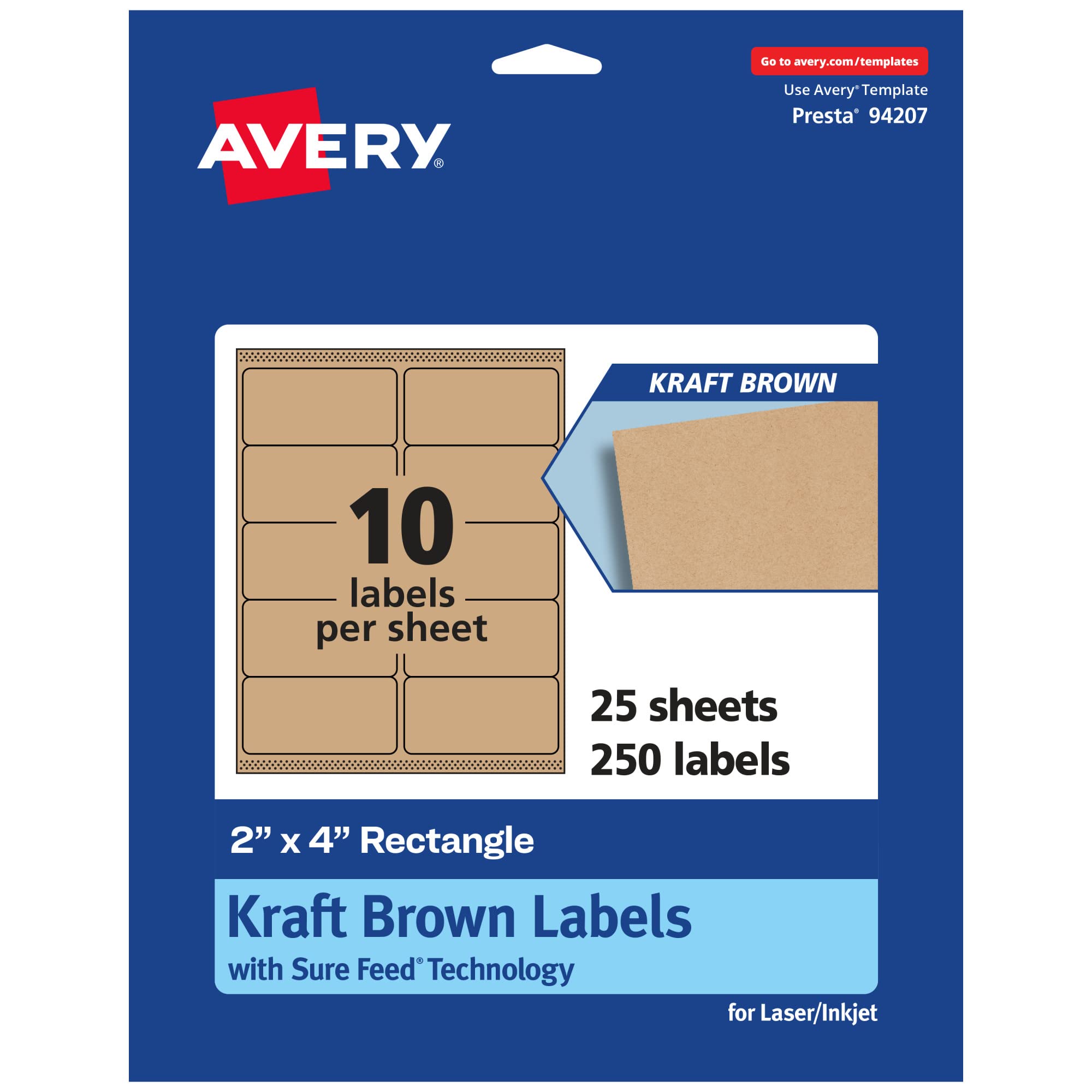 Avery Kraft Brown Rectangle Labels, Sure Feed Technology, 2″ x 4″, 250 Kraft Brown Labels, Laser/Inkjet Printable
