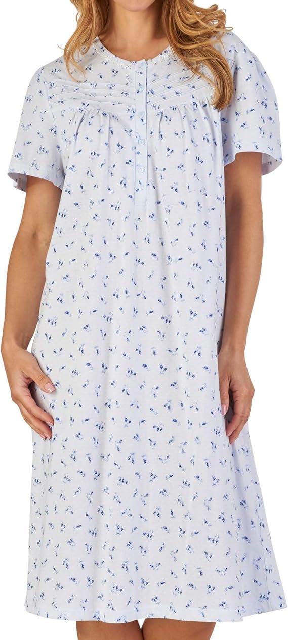 Slenderella Ladies Jersey Cotton Floral & Spot Nightdress Short Sleeve Nightie UK 24/26 (Blue