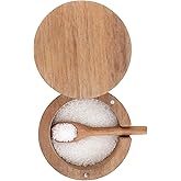 DGYLL Acacia Wood Salt Container with Spoon Keeper Salt Box Spice Storage Box Condiment Pot Sugar Bowl with Spoon and swiveli