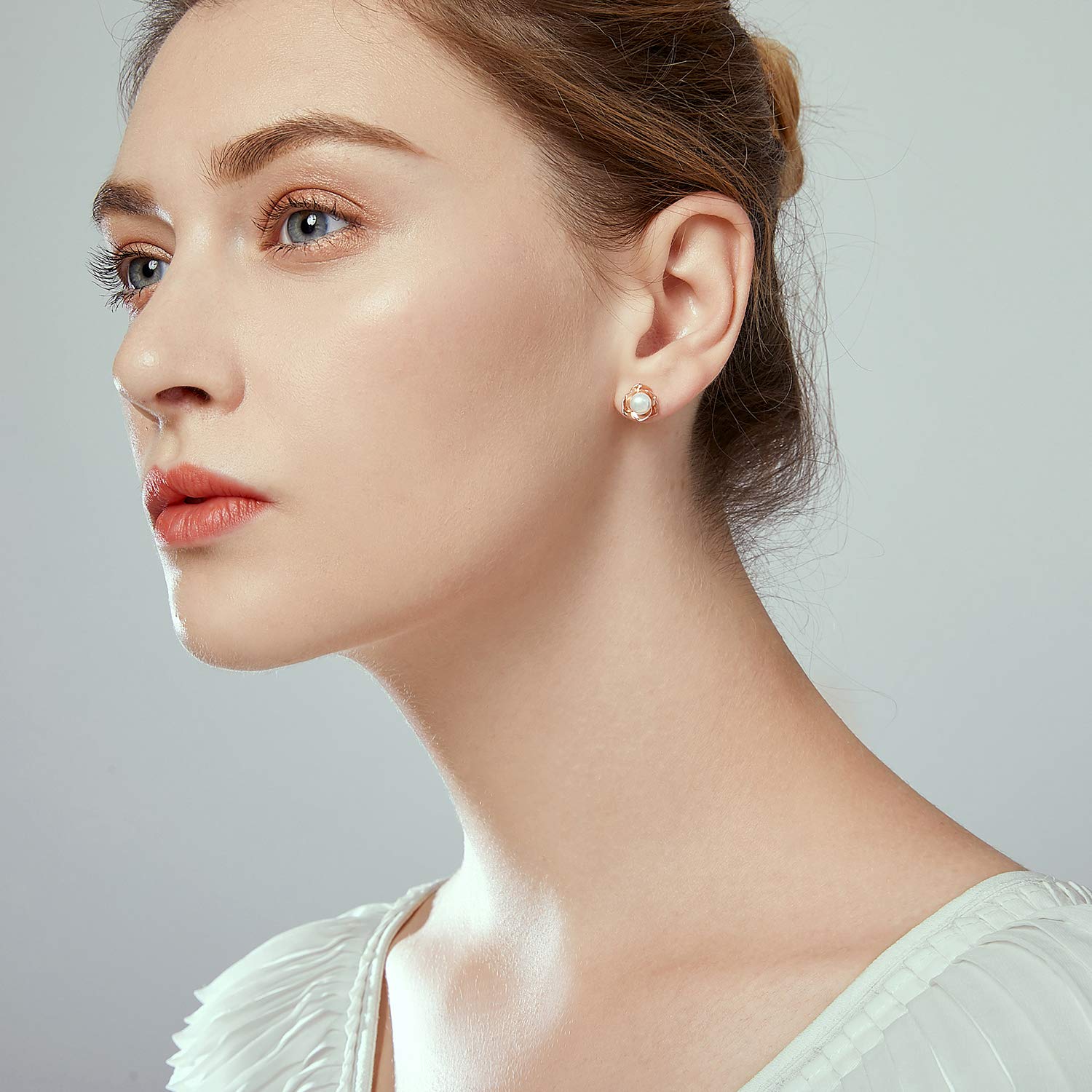 PORTWORLD Rose Gold Flower with Freshwater Cultured Pearl Stud Earrings for Women Girls