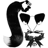 Cat Ears and Tail,Wolf Fox Ears Long Tail and Bell Lace Choker Set for Halloween,Animal Cosplay Party Costume