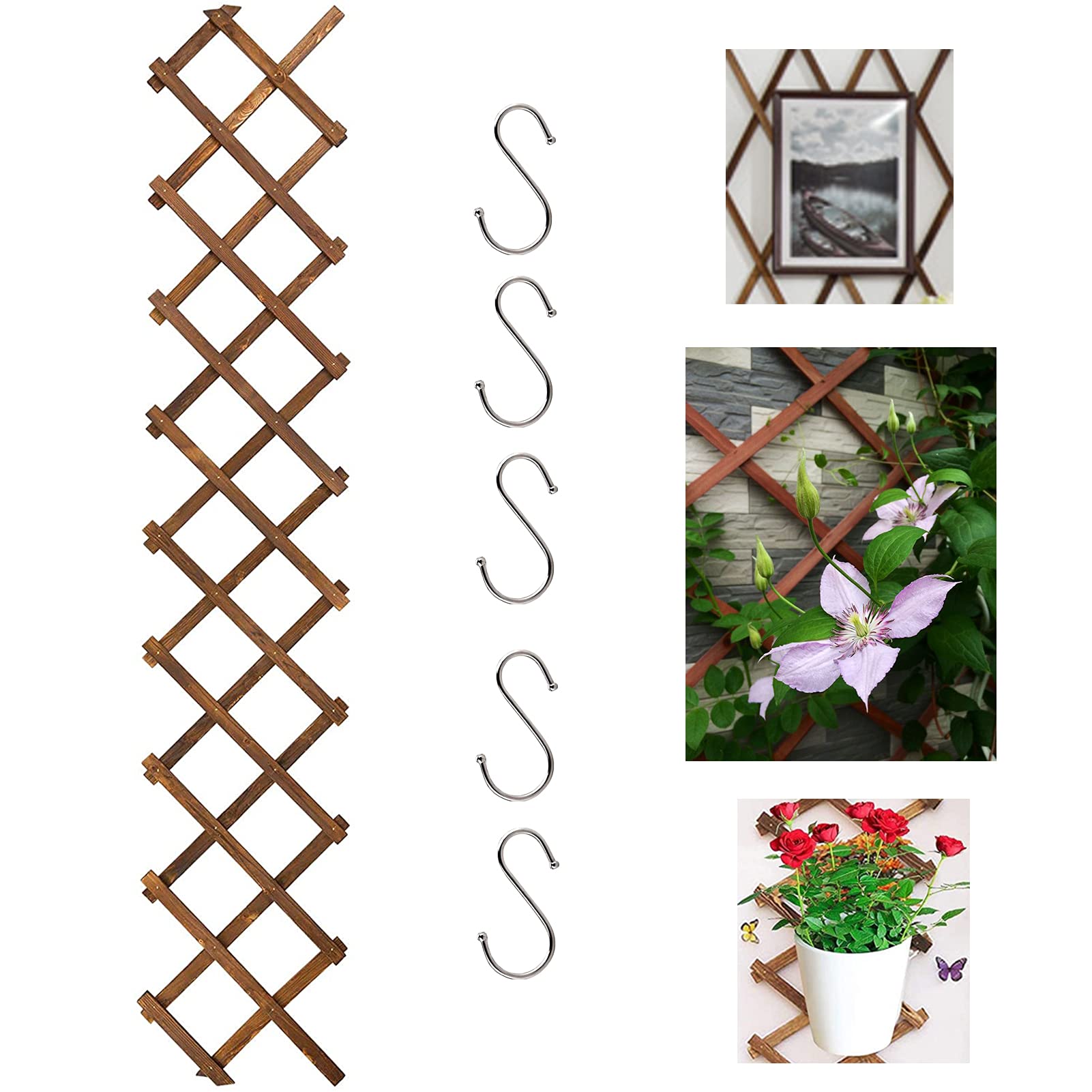 Garden Trellis Wooden Lattices Expanding Climbing Plant Supports, Expandable Vertical Rack with 5 S Hooks for Hanging Flowerpot, Foldable Fence for Vines Patio Indoor Wall Decor(180x33cm,0.7cm thick)