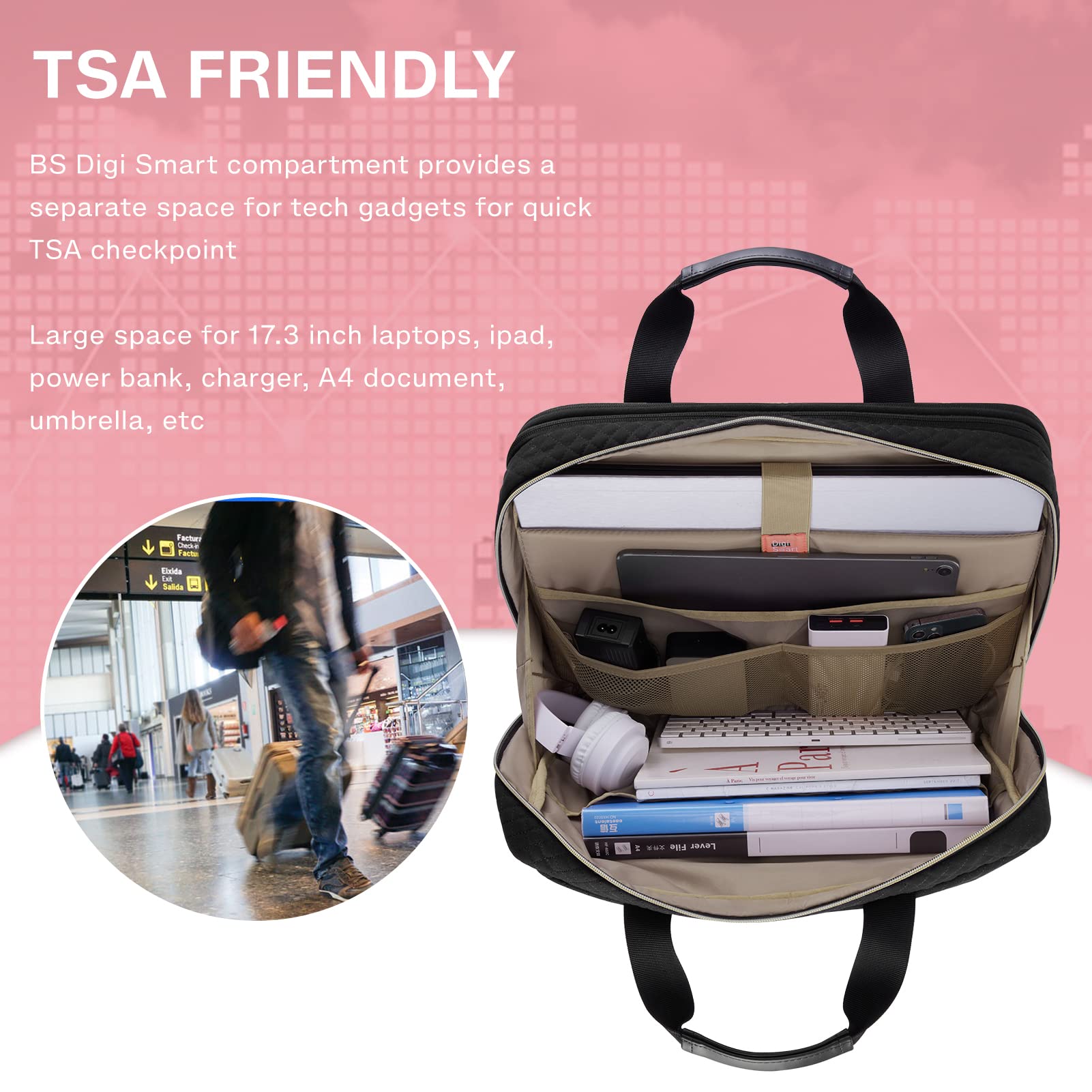 BAGSMART 17.3 Inch Laptop Bag Expandable Briefcase for Women Large Computer Bag for Business Office Travel, Quilted Black