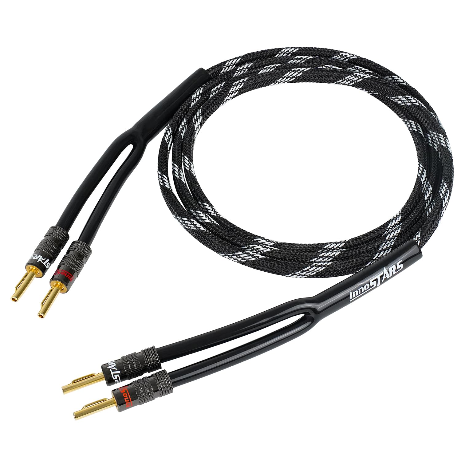 Photo 1 of InnoStars 14AWG Speaker Cable Wire with Gold-Plated Banana Tip Plugs (6 Feet) - 99.99% Oxygen-Free Copper (OFC) - in-Wall CL2 Rated, Heavy Duty Braided - Black, 6ft