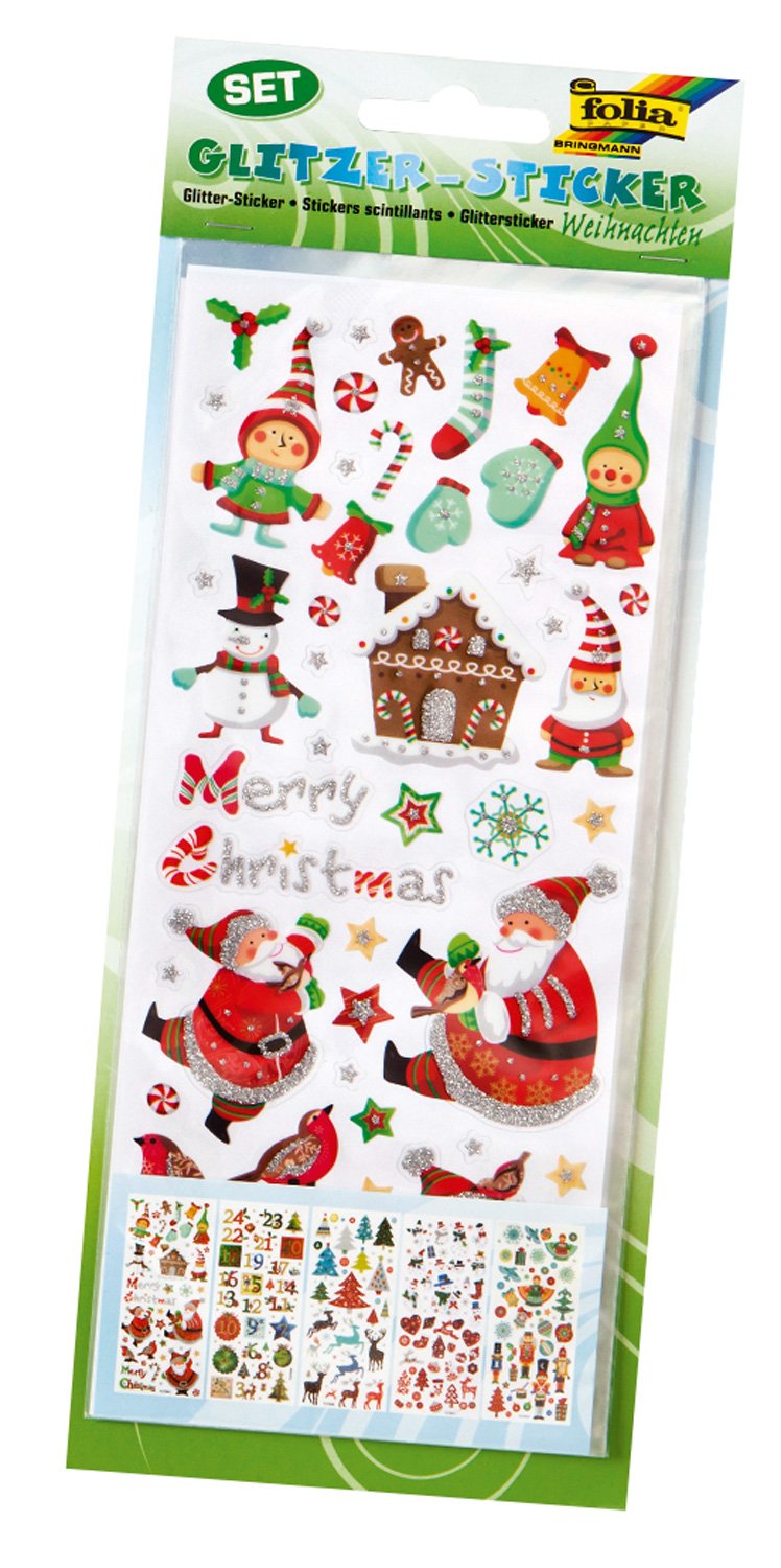 Folia 1412 Glitter Sticker Christmas 10 x 23 cm, 5 sheets, Assorted