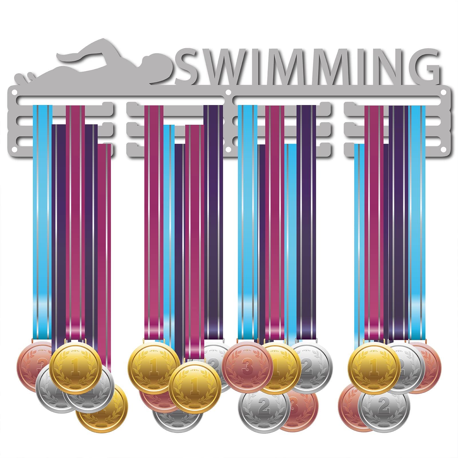 CREATCABIN Medal Holder Sport Swimming Swimmer Games Medals Display Stand Wall Mount Hanger Decor Holders for Runners for Home Badge Storage 3 Rung Medalist Over 60 Silver