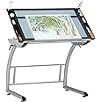 SD Studio Designs Triflex Drawing Table, Sit to Stand Up Adjustable Office Home Computer Desk, 35.25" W X 23.5" D, Silver/Blue Glass
