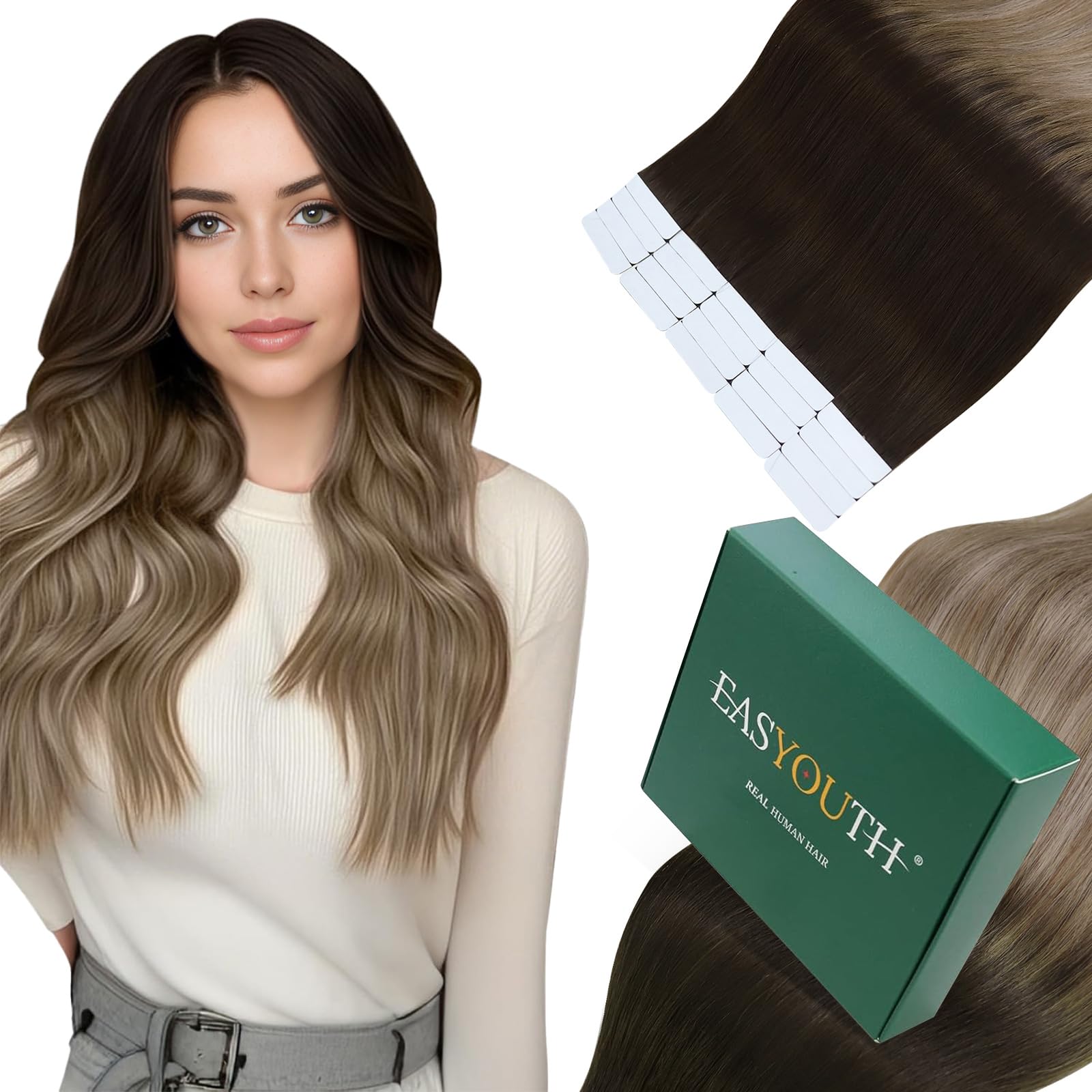Easyouth Human Hair Tape in Extensions Balayage Brown Tape in Human Hair Extensions Invisible Tape in Hair Extensions Real Human Hair Darkest Brown to Brown and Ash Blonde 20 Inch 50g 20Pcs #2/6/18