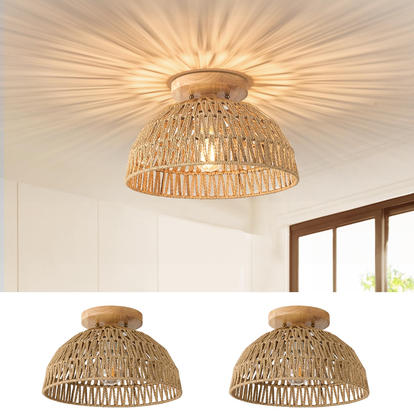 Photo 1 of ALAISLYC 13 Inch Rattan Flush Mount Ceiling Lights Farmhouse Boho Ceiling Light Fixtures Rustic Wicker Hand Woven Rope Cage for Dining Room Kitchen Bedroom Foyer Hallway Entryway 2 Packs