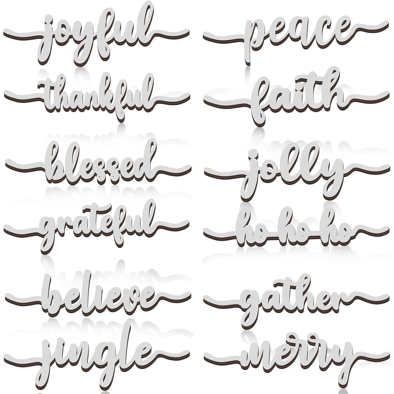 Photo 1 of 12 Pieces Christmas Word Wood Cutout Joyful Merry Thankful Grateful Blessed Peace Gather Word Sign Christmas Plate Cutout Rustic Merry Signs for Home Table Plate Decoration, Silver