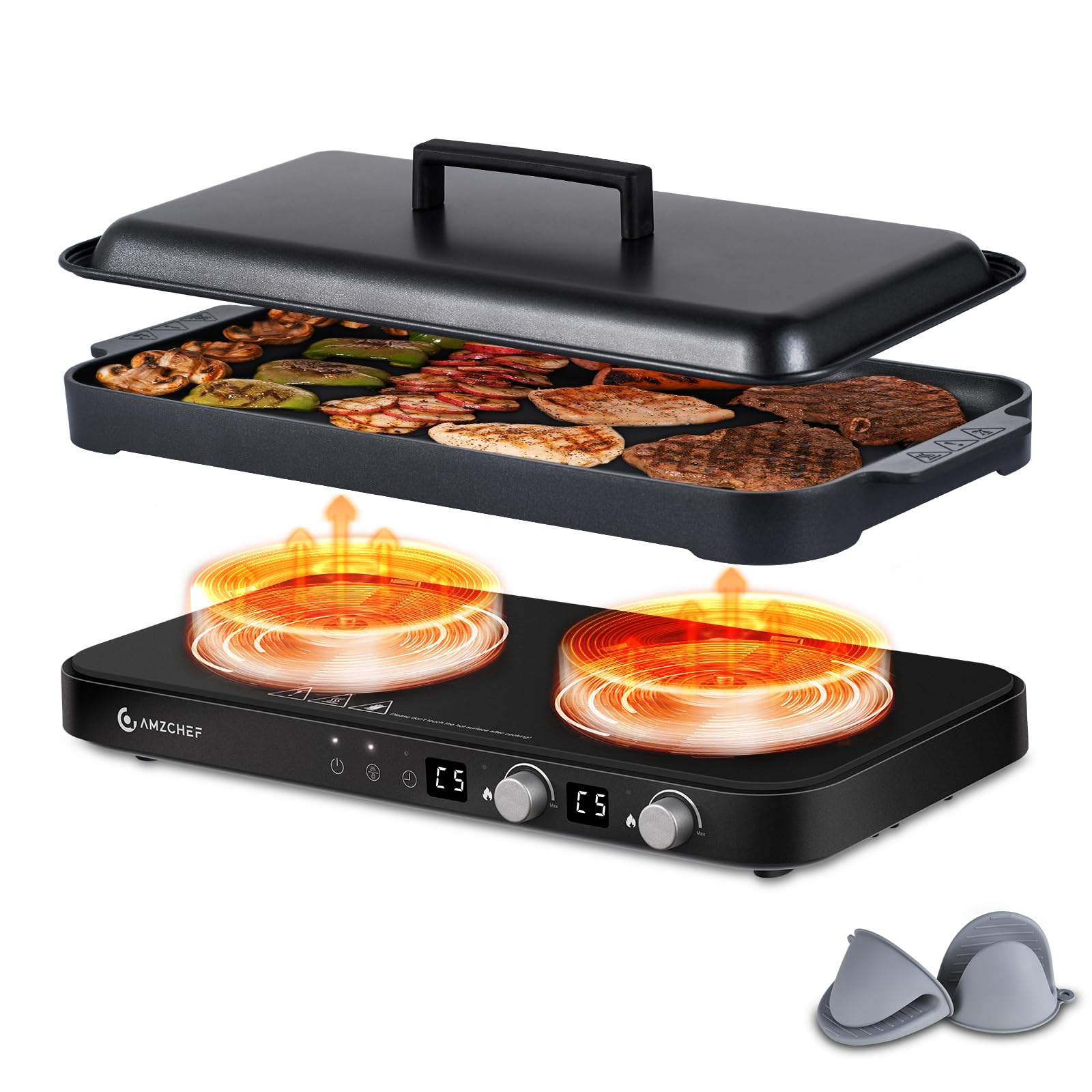 Photo 1 of AMZCHEF Double Induction Cooktop with Removable Griddle Pan Non-stick, 1800W 2 burner Portable Induction Stove With Sensor Touch 9 Power Levels, 99 Min Timer, Black